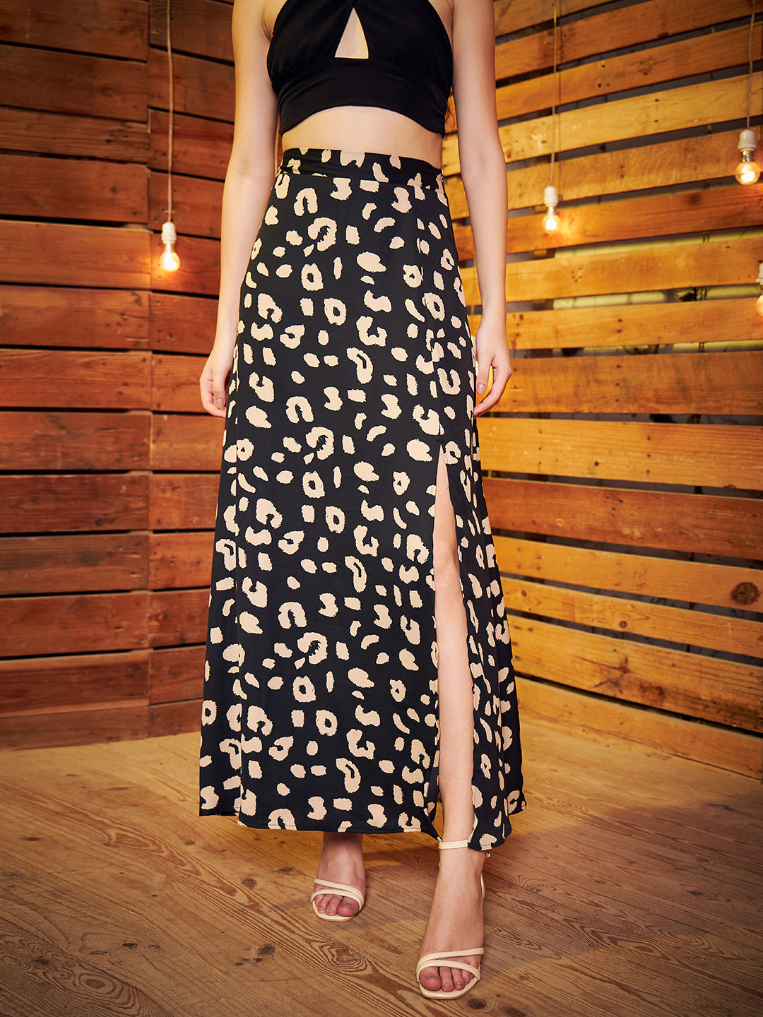 Black & Beige Animal Print High-Rise Waist Thigh-High Slit Flared A-Line Midi Skirt - Image 6