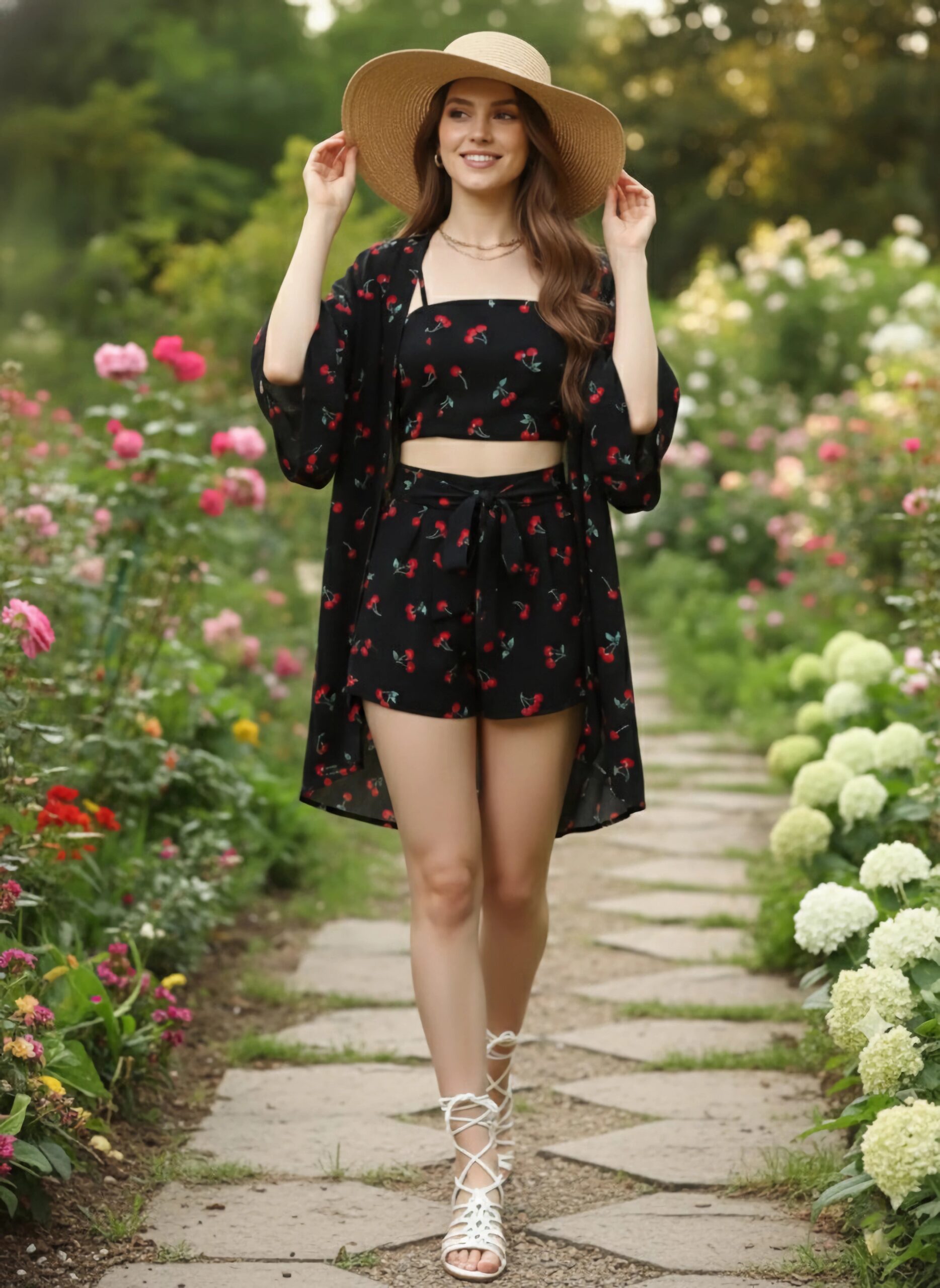 Berrylush Women Black & Red Cherry Printed Square Neck Crop Top & Tie-Up Front Shorts With Shrug - Image 7