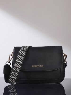 Women Solid Black PU Detachable Sling Strap Embellished Structured Regular Sling Bag