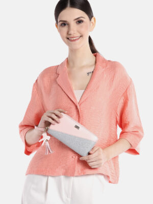 Women Pink & Silver Colourblocked Pattern PU Zipper Tasselled Around Long Wallet