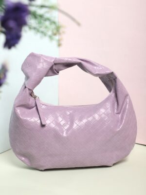 Women Purple Textured Pattern Half Moon One Handle Knotted Regular Handheld Bag