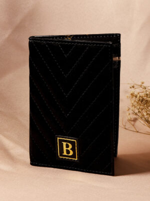 Women Quilted Black Geometric Pattern Synthetic Leather Passport Holder