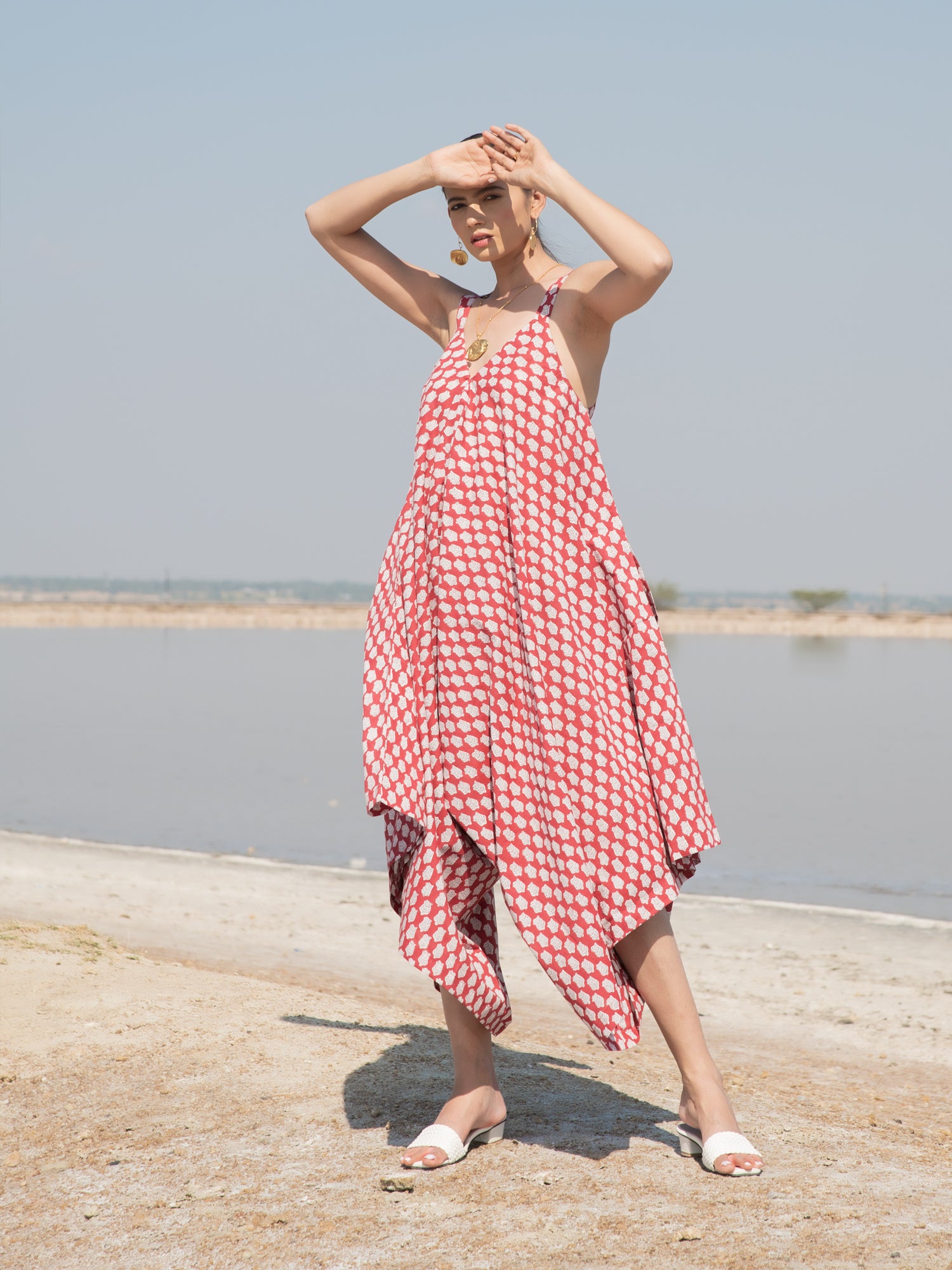 Red Lotus Drape Jumpsuit - Red Hand Block Printed Cotton Drape Jumpsuit - Image 3