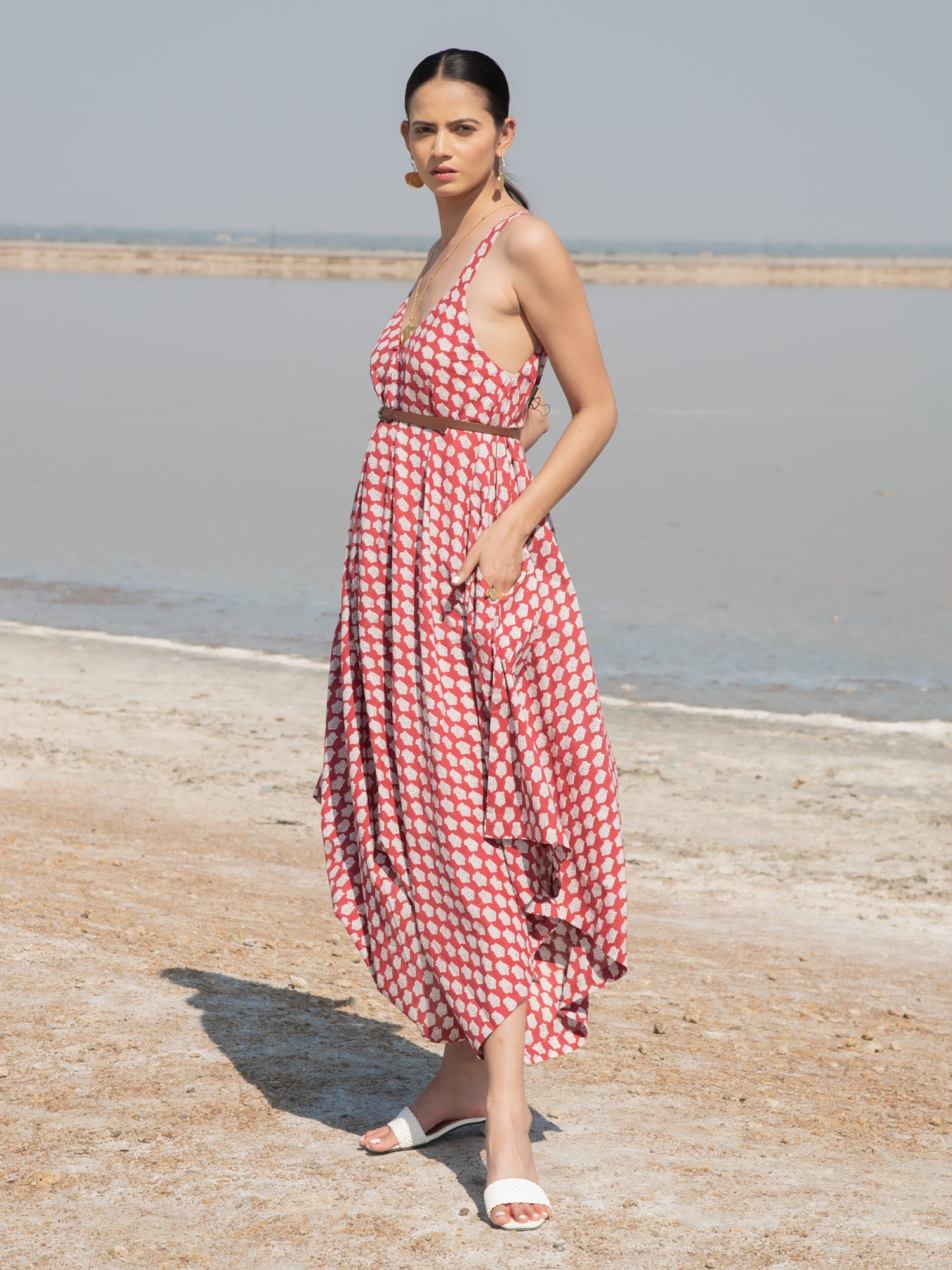 Red Lotus Drape Jumpsuit - Red Hand Block Printed Cotton Drape Jumpsuit - Image 5