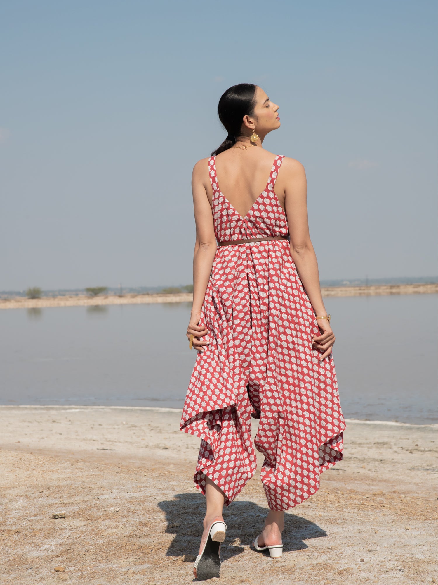 Red Lotus Drape Jumpsuit - Red Hand Block Printed Cotton Drape Jumpsuit - Image 6
