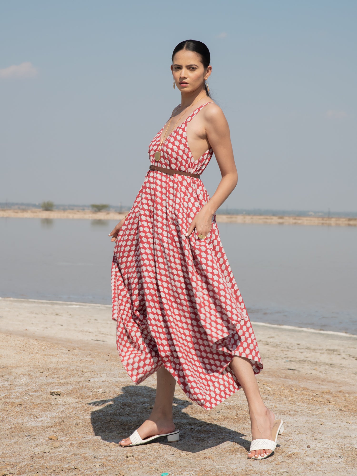 Red Lotus Drape Jumpsuit - Red Hand Block Printed Cotton Drape Jumpsuit - Image 7