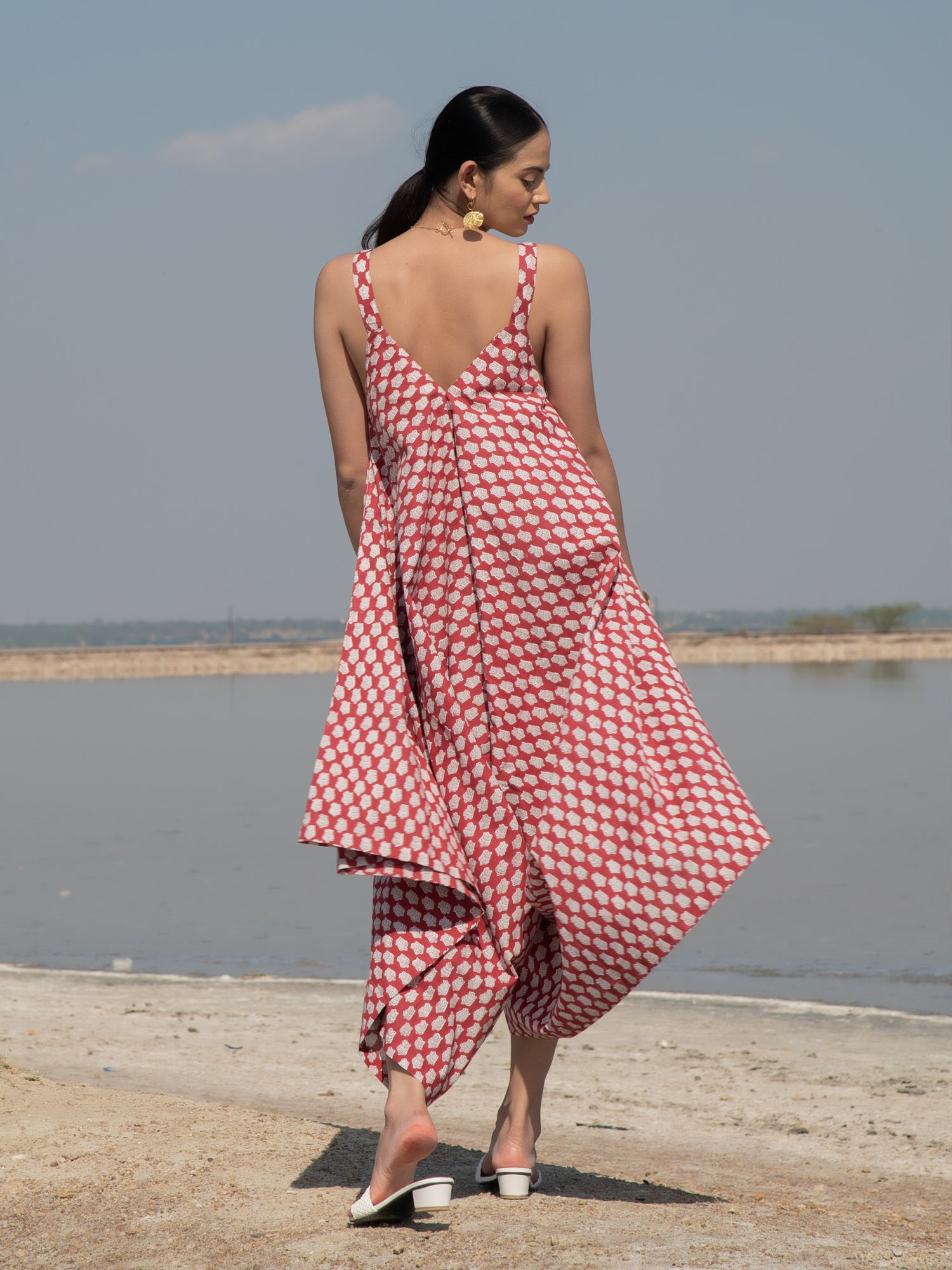 Red Lotus Drape Jumpsuit - Red Hand Block Printed Cotton Drape Jumpsuit - Image 8