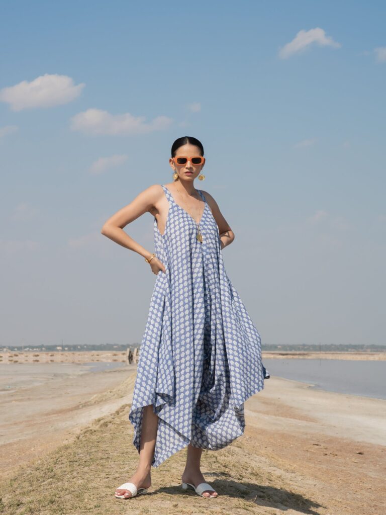 Blue Lotus Drape Jumpsuit - Blue Cotton Hand Block Printed Drape Jumpsuit