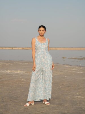 Blue Lilies Jumpsuit - Blue Hand Block Printed Cotton Jumpsuit