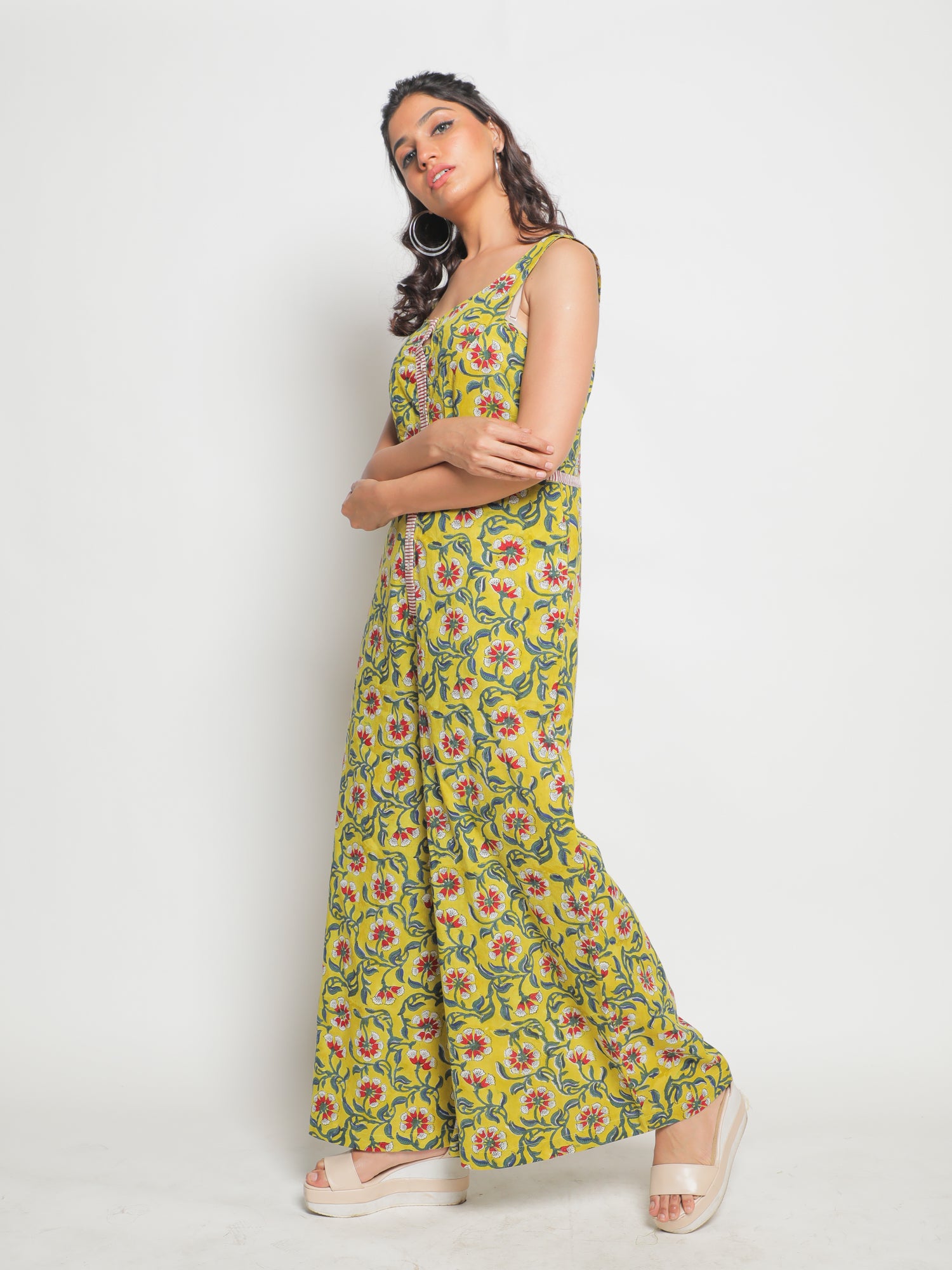 Makeba Jumpsuit - Yellow & Green Hand Block Printed Cotton Jumpsuit - Image 2