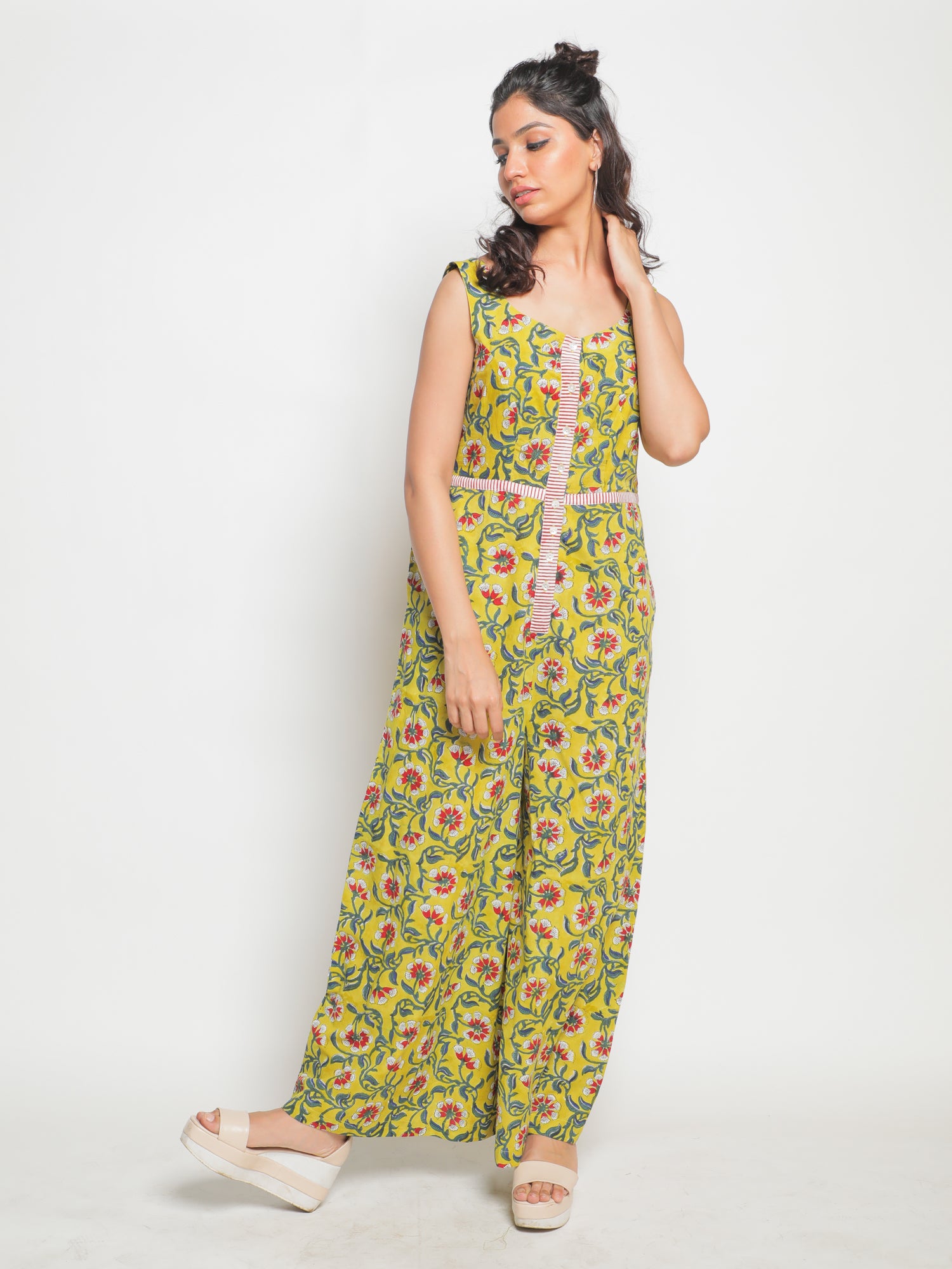 Makeba Jumpsuit - Yellow & Green Hand Block Printed Cotton Jumpsuit - Image 3